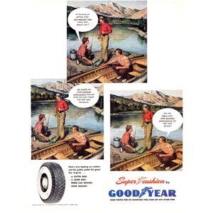 1950 Goodyear Super Cushion Tires Wooden Row Boat Vintage Print Ad 50s Wall Art
